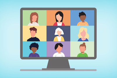 Illustration of a computer screen. Various faces are on the screen to represent a video chat.